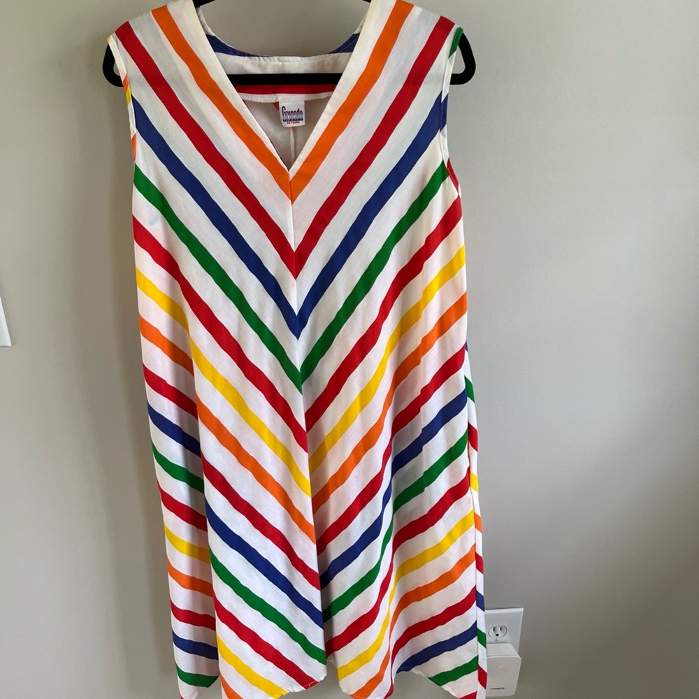 Vintage 90s Granada Rainbow Chevron Stripe Midi Dress Size L/XL